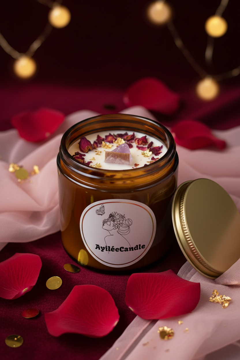 Bougie amour - cire blanche roses rouges améthyste - angle 3/4