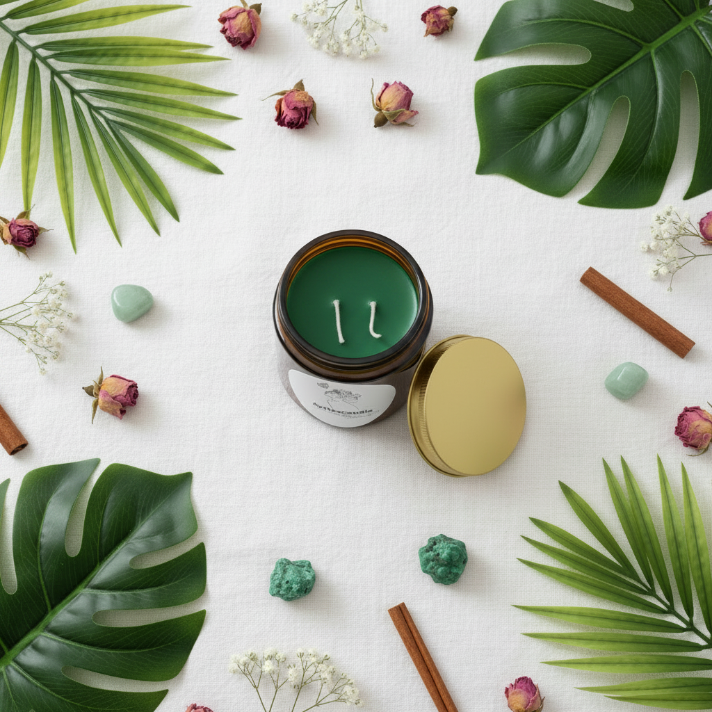 Bougie verte - mèches coton - flat lay